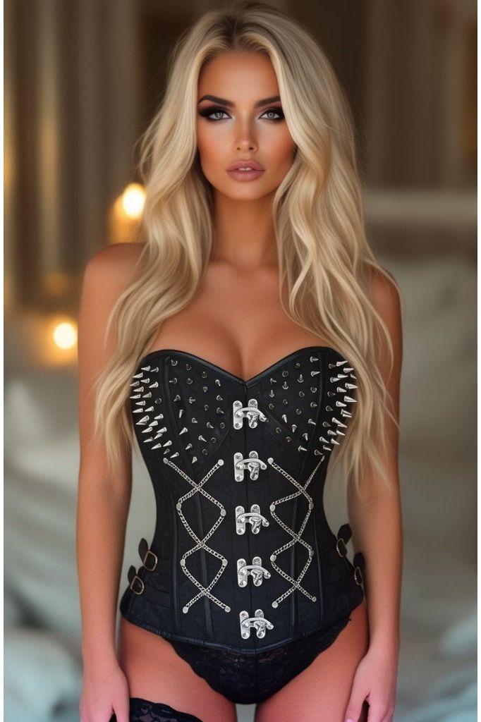 Top Drawer Black Brocade & Silver Spikes Steel Boned Corset