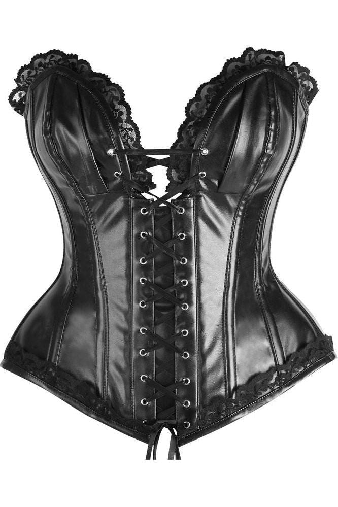 LIMITED EDITION Top Drawer Black Faux Leather & Lace Trim Steel Boned Corset