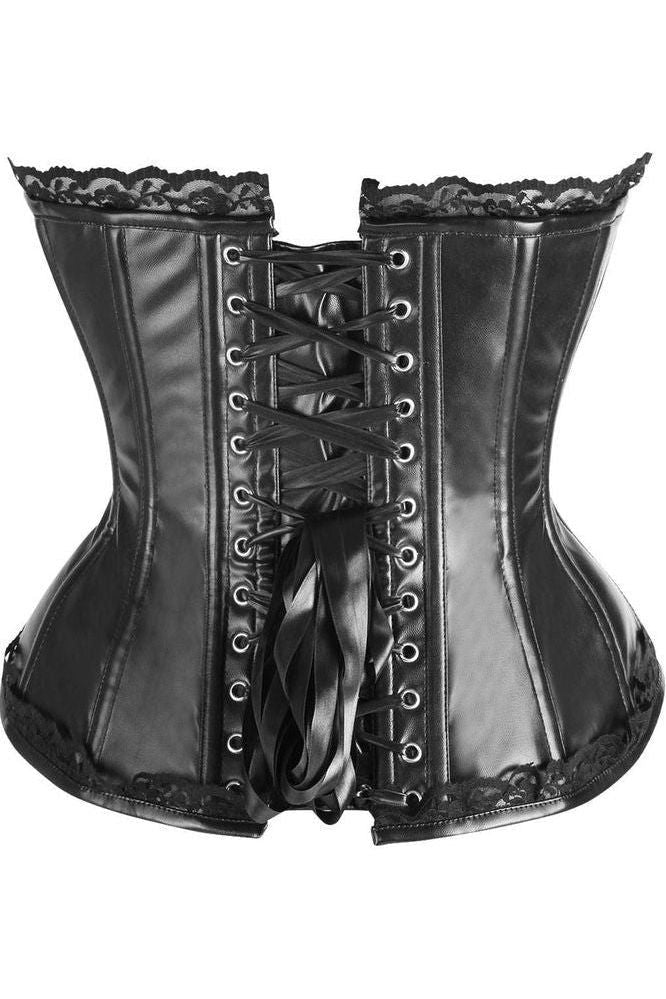 LIMITED EDITION Top Drawer Black Faux Leather & Lace Trim Steel Boned Corset