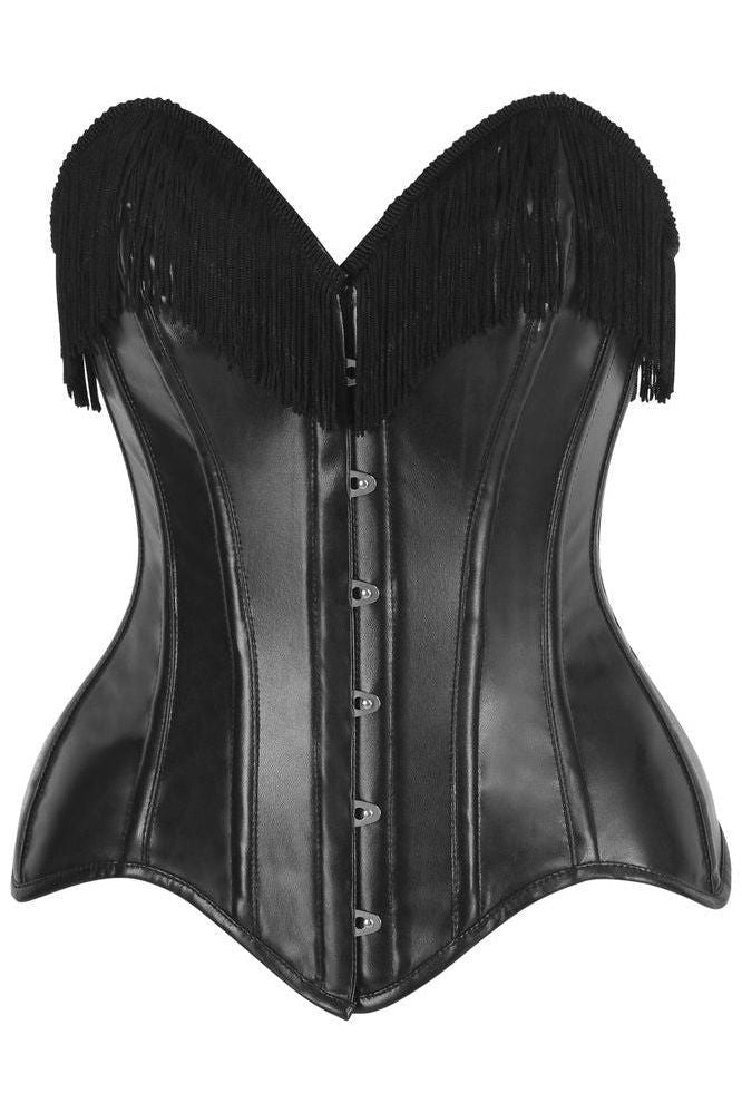 Top Drawer Black Faux Leather Steel Boned Overbust Corset w/Fringe