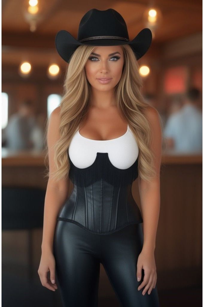 Top Drawer Black Faux Leather Steel Boned Underbust Corset w/Fringe