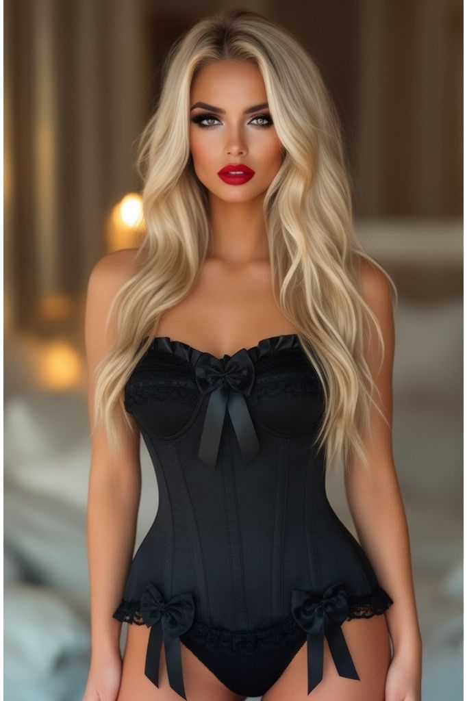Top Drawer Black Satin Steel Boned Overbust Corset TD-169