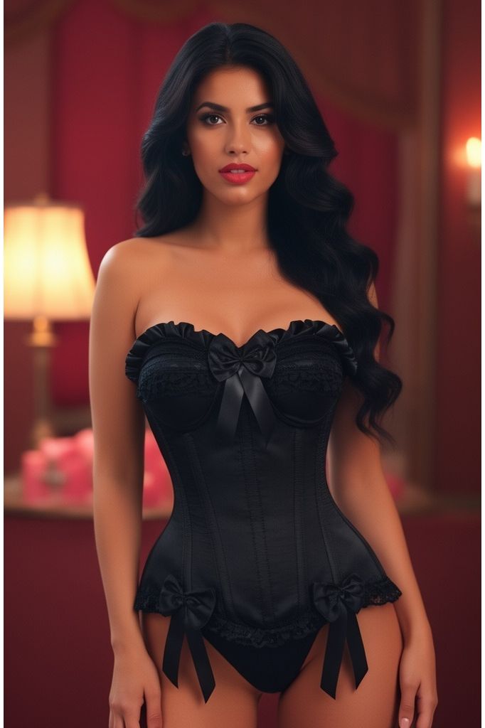 Top Drawer Black Satin Steel Boned Overbust Corset TD-169