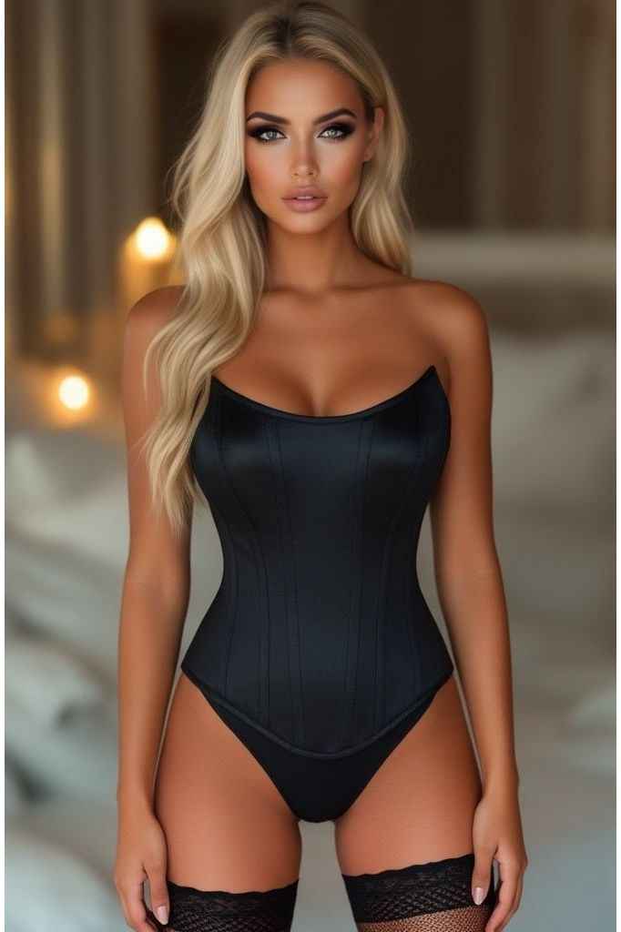 Top Drawer Black Satin Steel Boned Overbust Corset w/Side Zipper