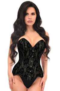 Top Drawer Black Satin w/Black Lace Overlay Steel Boned Overbust Corset