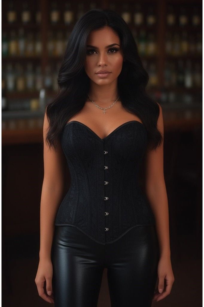 Top Drawer Black Satin w/Black Lace Overlay Steel Boned Overbust Corset