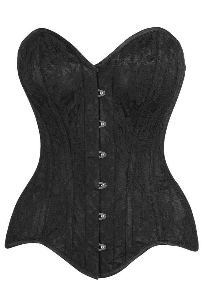 Top Drawer Black Satin w/Black Lace Overlay Steel Boned Overbust Corset