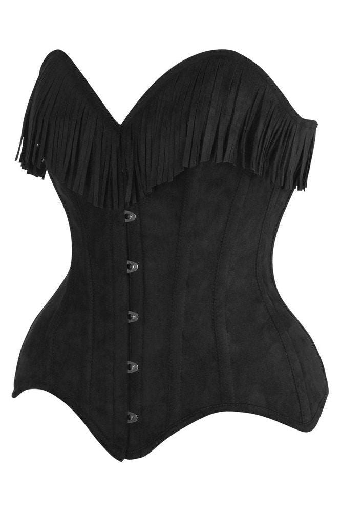 LIMITED EDITION Top Drawer Black Suede Steel Boned Overbust Corset w/Fringe