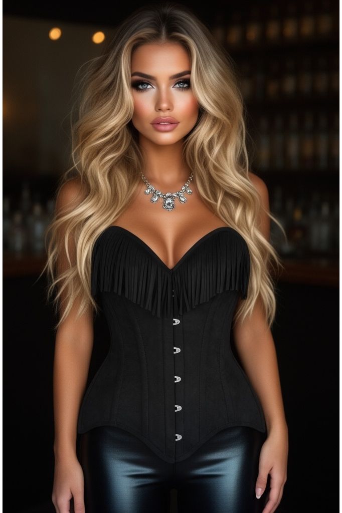 LIMITED EDITION Top Drawer Black Suede Steel Boned Overbust Corset w/Fringe