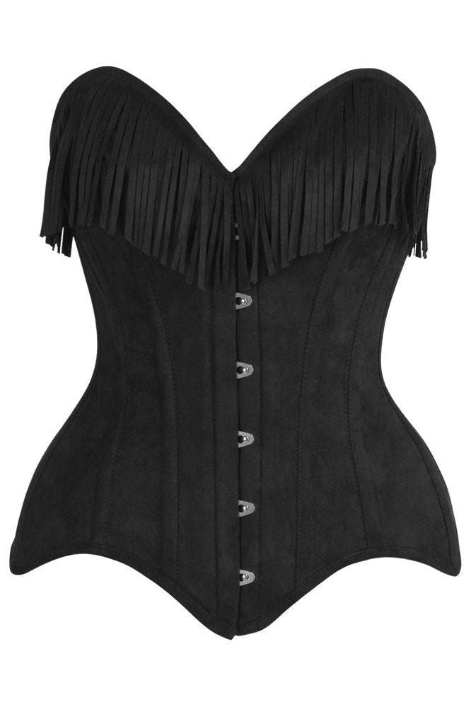 LIMITED EDITION Top Drawer Black Suede Steel Boned Overbust Corset w/Fringe
