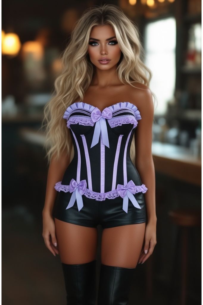 Top Drawer Black/Lavender Satin Steel Boned Burlesque Corset
