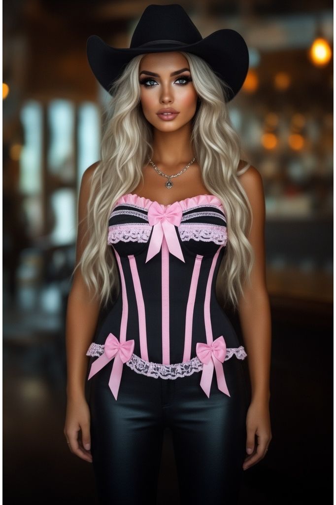 Top Drawer Black/Pink Steel Boned Burlesque Corset