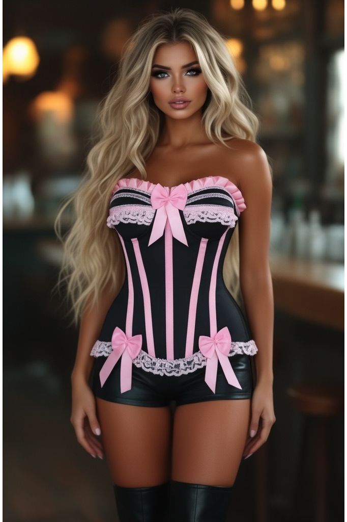 Top Drawer Black/Pink Steel Boned Burlesque Corset