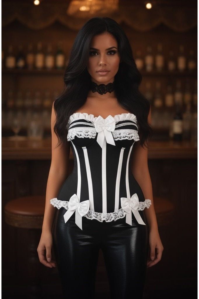 Top Drawer Black/White Steel Boned Burlesque Corset