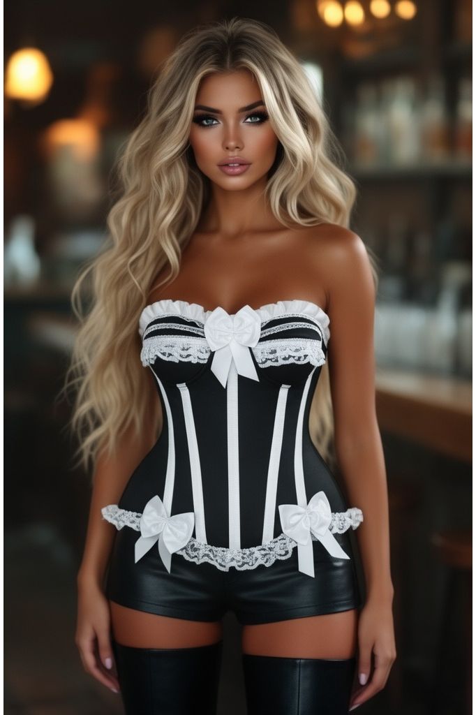 Top Drawer Black/White Steel Boned Burlesque Corset