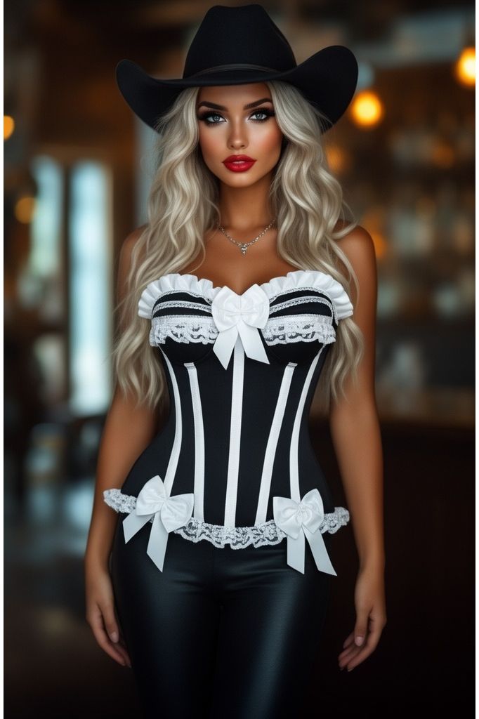 Top Drawer Black/White Steel Boned Burlesque Corset