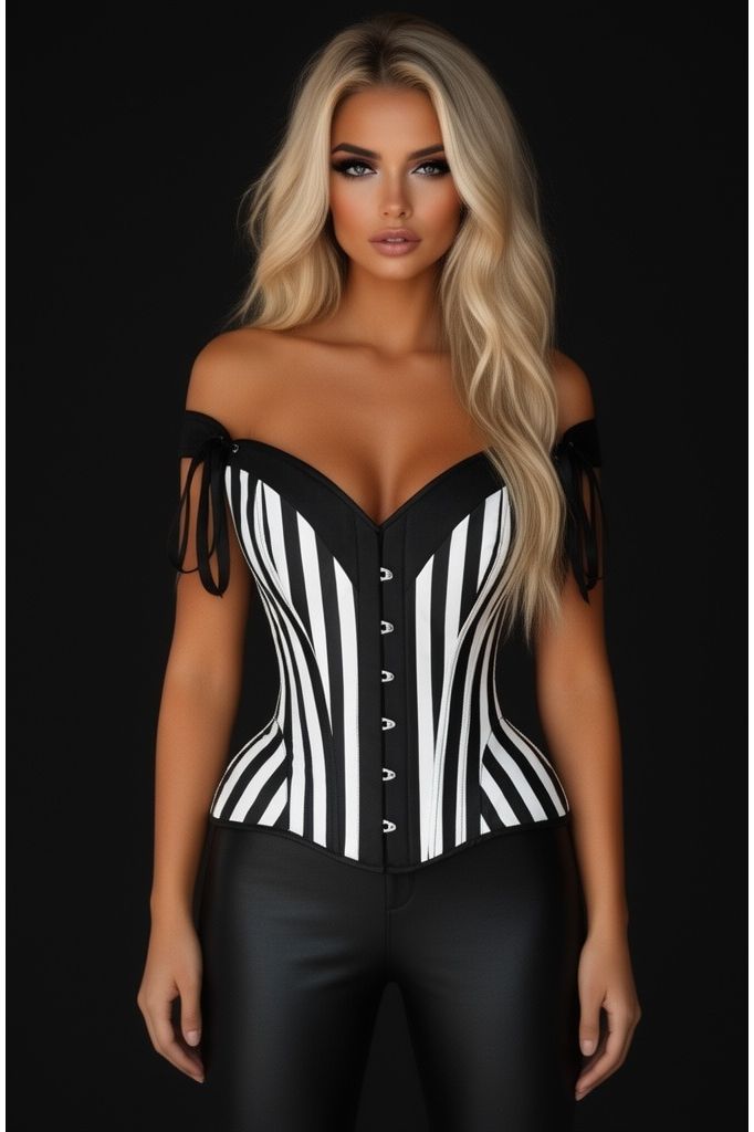 Top Drawer Black/White Striped Steel Boned Corset w/Straps