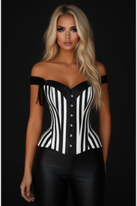 Top Drawer Black/White Striped Steel Boned Corset w/Straps