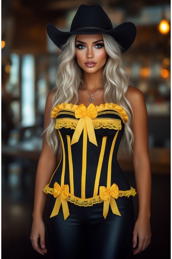 Top Drawer Black/Yellow Satin Steel Boned Burlesque Corset