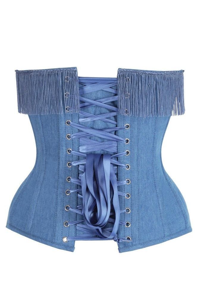 LIMITED EDITION Top Drawer Blue Denim Steel Boned Overbust Corset w/Fringe