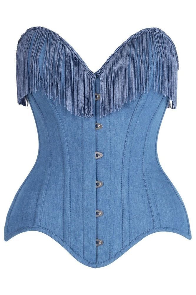 LIMITED EDITION Top Drawer Blue Denim Steel Boned Overbust Corset w/Fringe