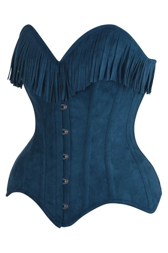 LIMITED EDITION Top Drawer Blue Suede Steel Boned Overbust Corset w/Fringe