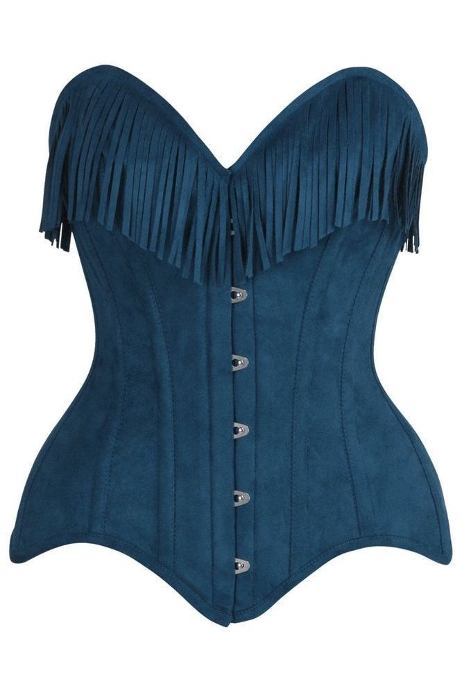 LIMITED EDITION Top Drawer Blue Suede Steel Boned Overbust Corset w/Fringe