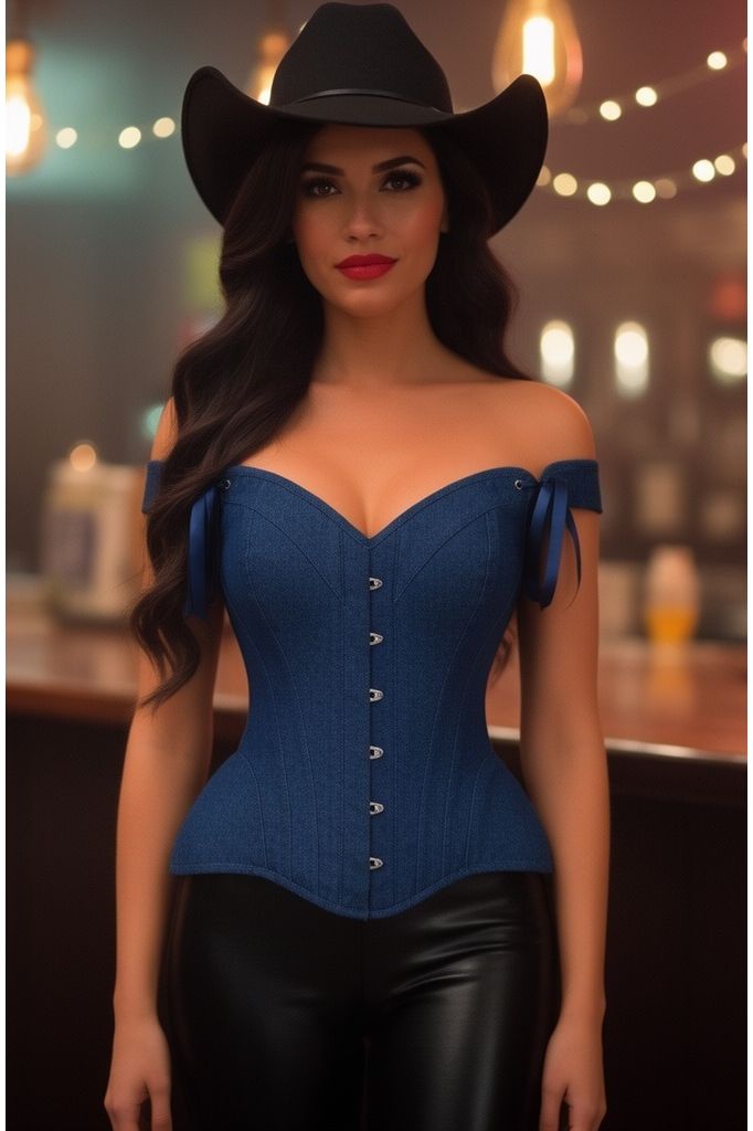 LIMITED EDITION Top Drawer Dark Blue Denim Steel Boned Corset w/Straps