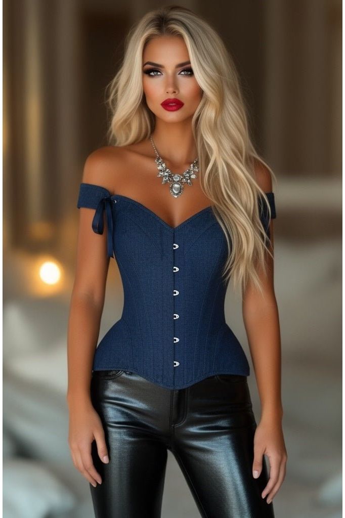 LIMITED EDITION Top Drawer Dark Blue Denim Steel Boned Corset w/Straps