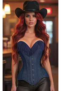 LIMITED EDITION Top Drawer Dark Blue Denim Steel Boned Overbust Corset w/Fringe