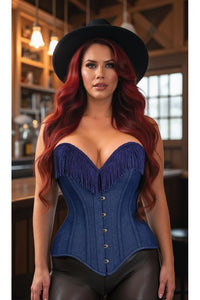 LIMITED EDITION Top Drawer Dark Blue Denim Steel Boned Overbust Corset w/Fringe