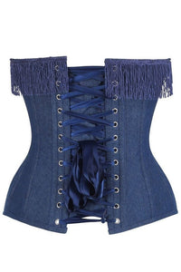 LIMITED EDITION Top Drawer Dark Blue Denim Steel Boned Overbust Corset w/Fringe