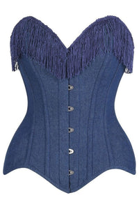 LIMITED EDITION Top Drawer Dark Blue Denim Steel Boned Overbust Corset w/Fringe
