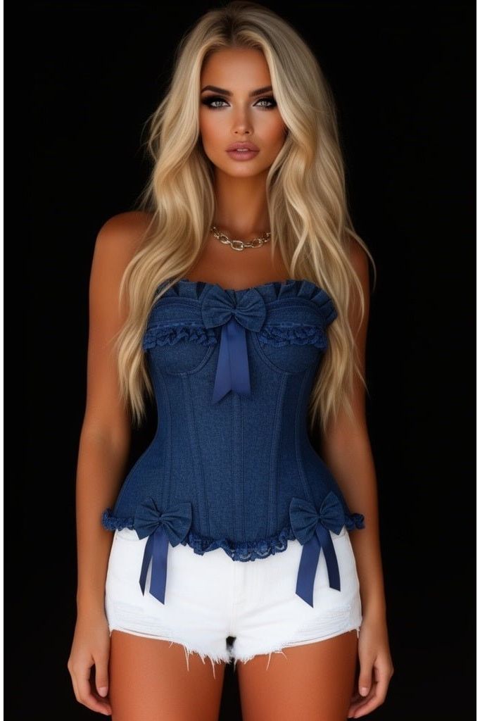 LIMITED EDITION Top Drawer Dark Blue Denim Underwire Steel Boned Burlesque Corset w/Bows
