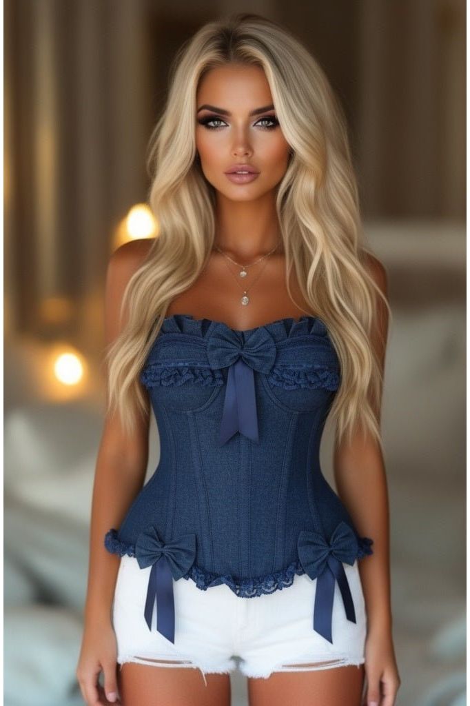 LIMITED EDITION Top Drawer Dark Blue Denim Underwire Steel Boned Burlesque Corset w/Bows