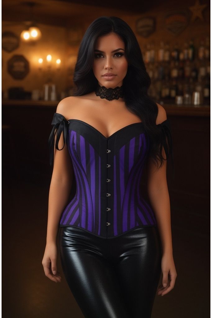Top Drawer Dark Purple/Black Striped Steel Boned Corset w/Straps