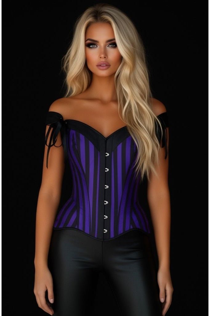 Top Drawer Dark Purple/Black Striped Steel Boned Corset w/Straps