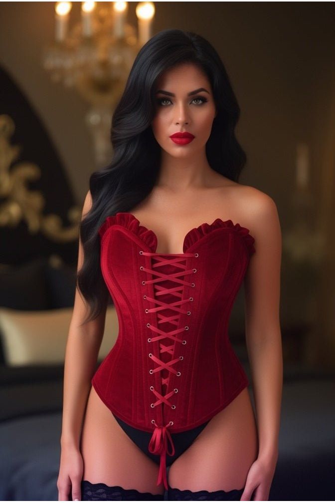 Top Drawer Dark Red Velvet Lace-Up Steel Boned Overbust Corset
