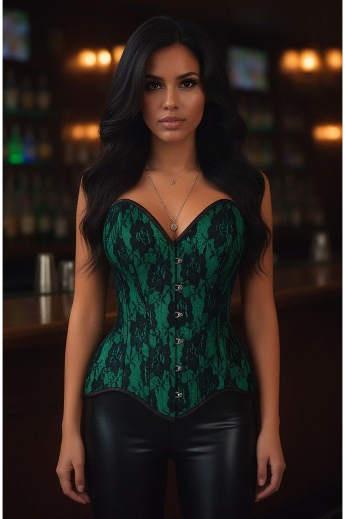 Top Drawer Green Satin w/Black Lace Overlay Steel Boned Overbust Corset