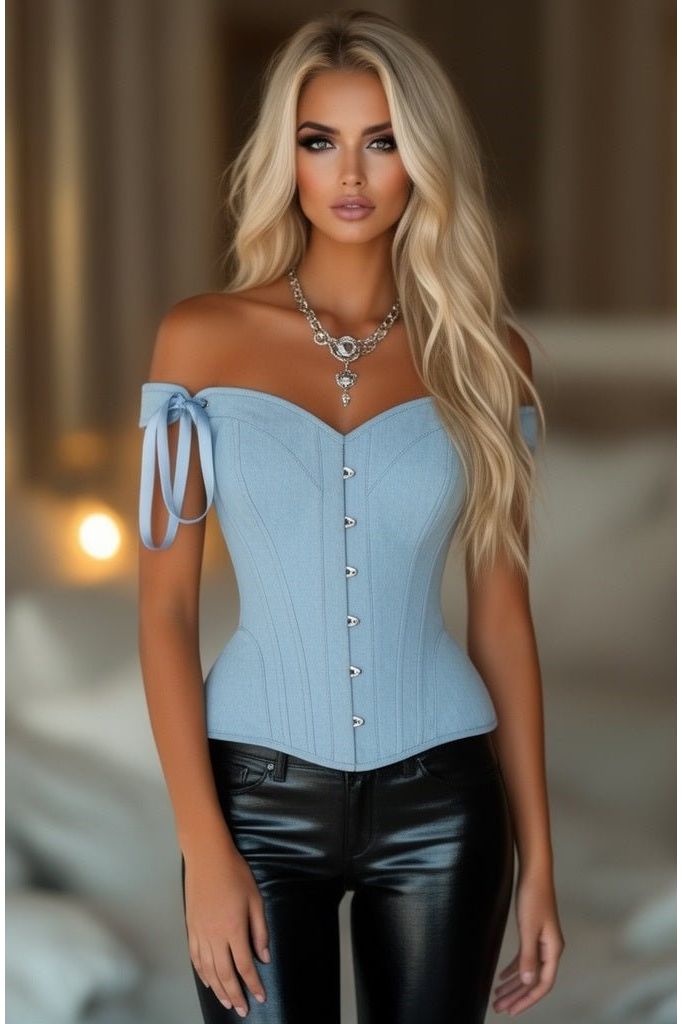 LIMITED EDITION Top Drawer Light Blue Denim Steel Boned Corset w/Straps