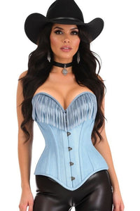 LIMITED EDITION Top Drawer Light Blue Denim Steel Boned Overbust Corset w/Fringe