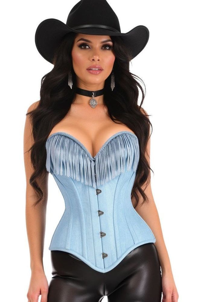 LIMITED EDITION Top Drawer Light Blue Denim Steel Boned Overbust Corset w/Fringe
