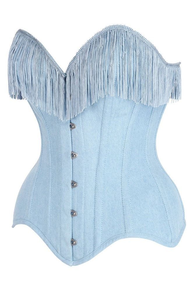 LIMITED EDITION Top Drawer Light Blue Denim Steel Boned Overbust Corset w/Fringe