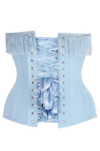 LIMITED EDITION Top Drawer Light Blue Denim Steel Boned Overbust Corset w/Fringe