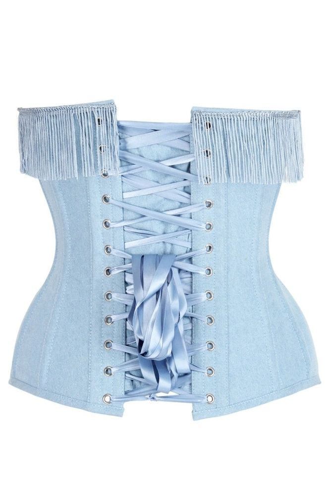 LIMITED EDITION Top Drawer Light Blue Denim Steel Boned Overbust Corset w/Fringe