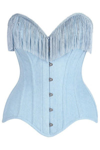 LIMITED EDITION Top Drawer Light Blue Denim Steel Boned Overbust Corset w/Fringe