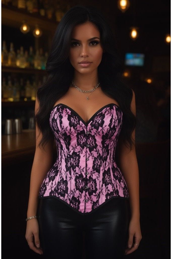 Top Drawer Pink Satin w/Black Lace Overlay Steel Boned Overbust Corset