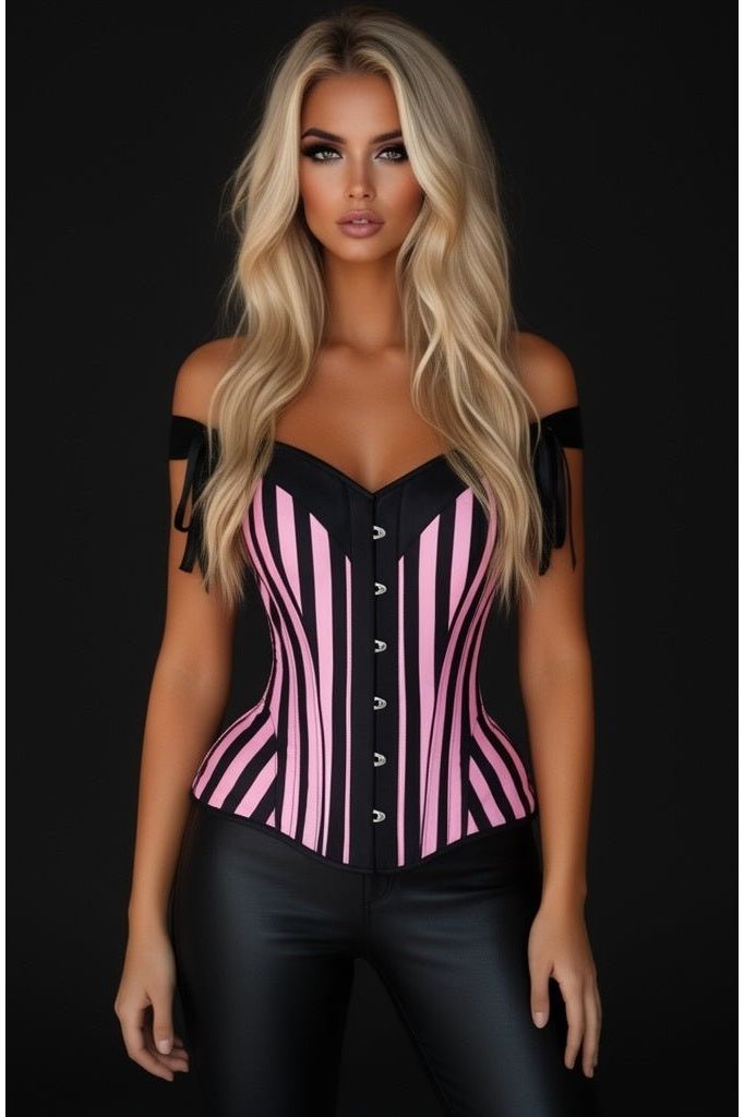 Top Drawer Pink/Black Striped Steel Boned Corset w/Straps