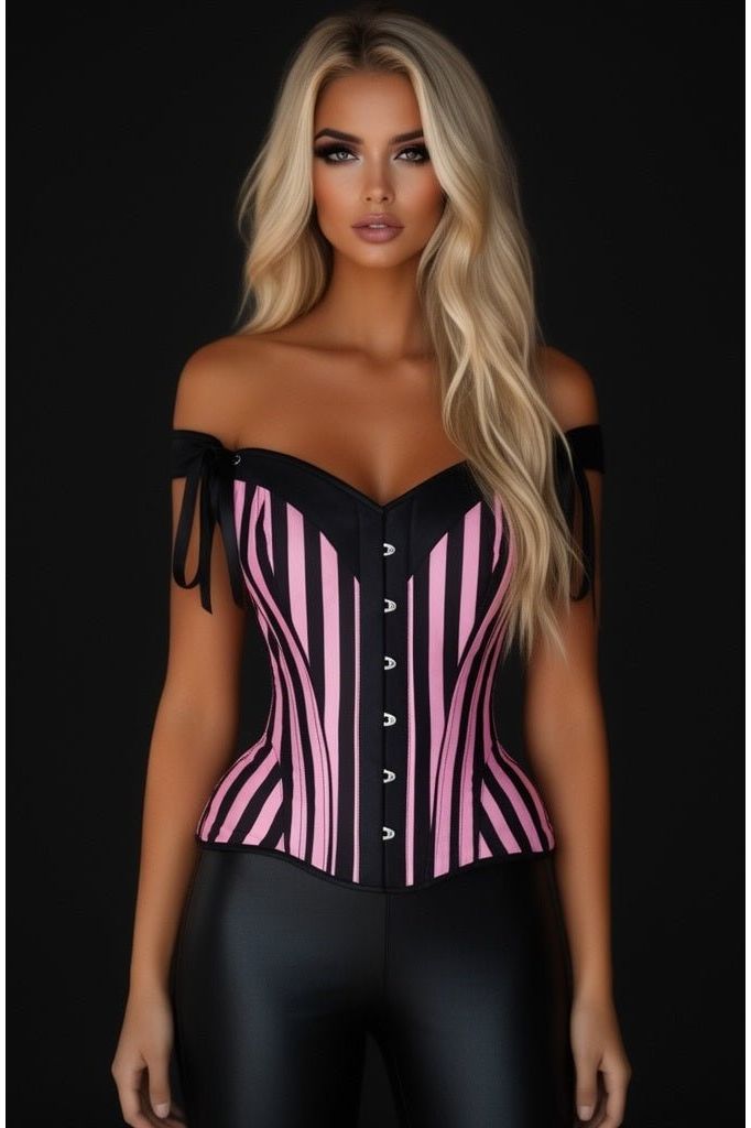 Top Drawer Pink/Black Striped Steel Boned Corset w/Straps