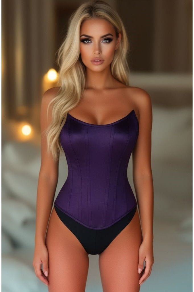 Top Drawer Plum Satin Steel Boned Overbust Corset w/Side Zipper